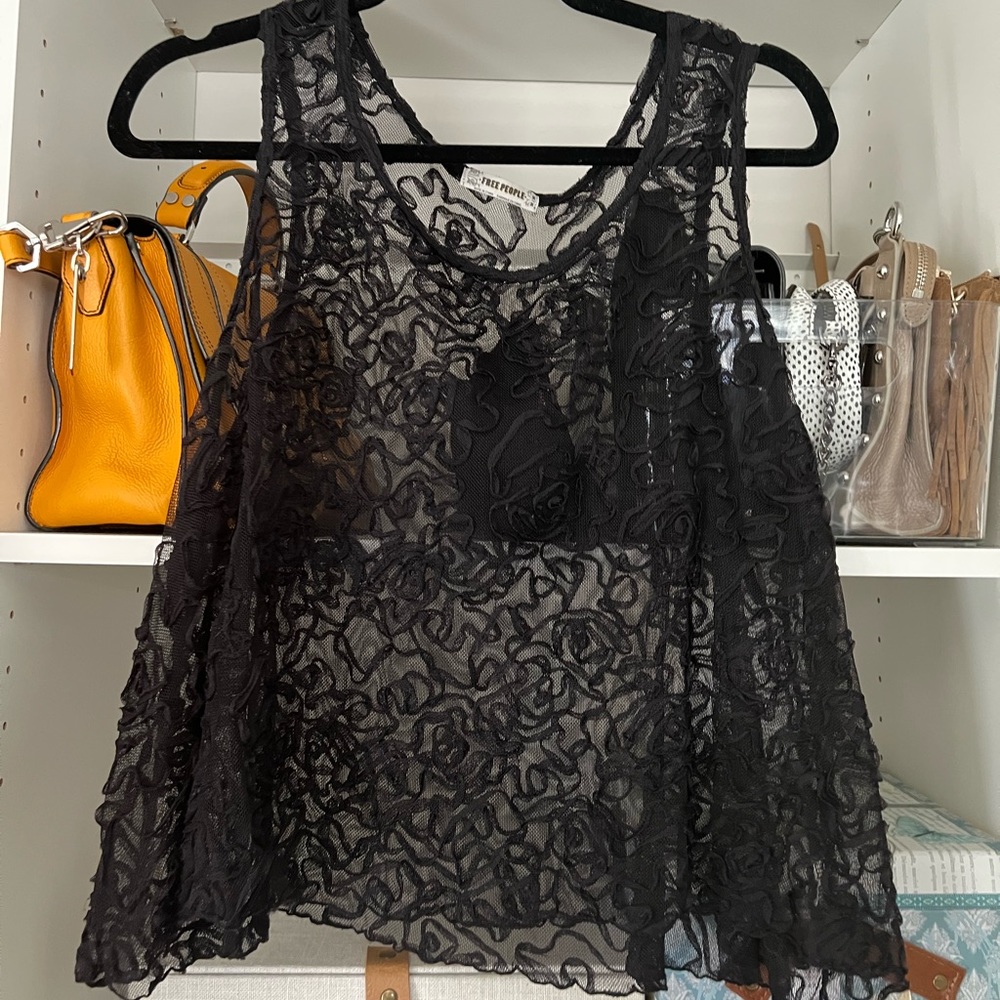 Free People Sheer/Mesh Crop Top Black Floral Size Medium